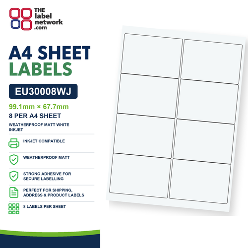 EU30008WJ - 99.1mm x 67.7mm - 8 Labels per Sheet - Weatherproof Matt White Inkjet