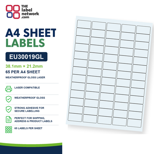 EU30019GL Weatherproof Gloss Laser A4 Labels 38.1 x 21.2mm