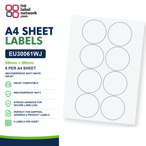 EU30061WJ - 69mm Circle - 8 Labels per Sheet - Weatherproof Matt White Inkjet