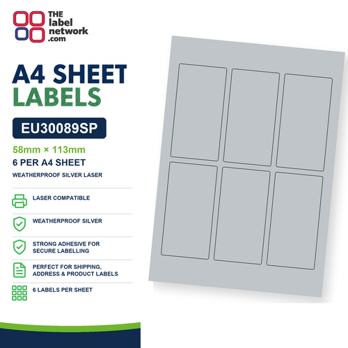 EU30089SP - 58mm x 113mm - 6 Labels per Sheet - Weatherproof Silver Laser