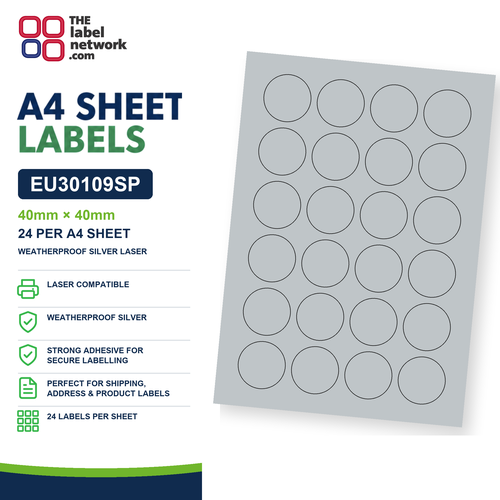 EU30109SP - 40mm Circle - 24 Labels per Sheet - Weatherproof Silver Laser