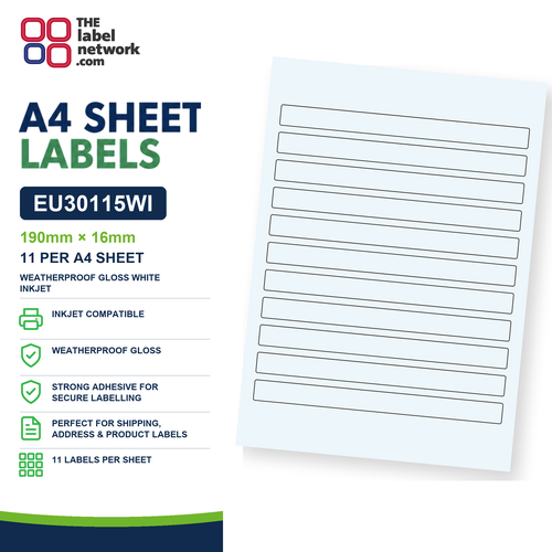 EU30115WI - 190mm x 16mm - 11 Labels per Sheet - Weatherproof Gloss White Inkjet