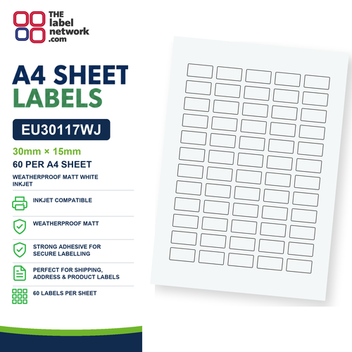 EU30117WJ - 30mm x 15mm - 60 Labels per Sheet - Weatherproof Matt White Inkjet