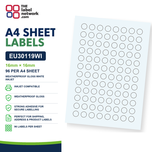 EU30119WI - 16mm circle - 96 Labels per Sheet - Weatherproof Gloss White Inkjet
