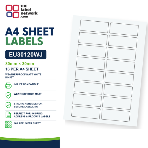 EU30120WJ - 80mm x 30mm - 16 Labels per Sheet - Weatherproof Matt White Inkjet