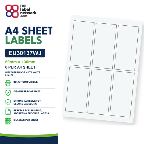 EU30137WJ - 60mm x 130mm - 6 Labels per Sheet - Weatherproof Matt White Inkjet
