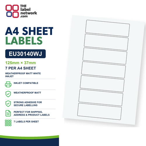 EU30140WJ - 125mm x 37mm - 7 Labels per Sheet - Weatherproof Matt White Inkjet