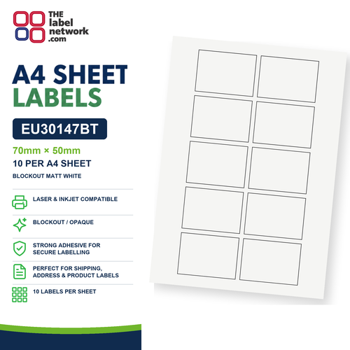 EU30147BT - 70mm x 50mm - 10 Labels per Sheet - Blockout Matt White
