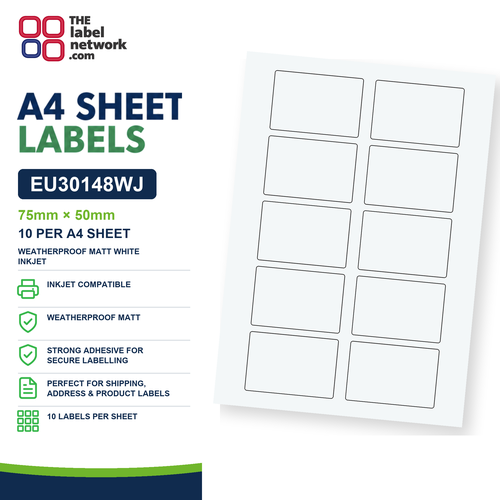 EU30148WJ - 75mm x 50mm - 10 Labels per Sheet - Weatherproof Matt White Inkjet