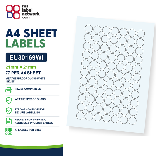EU30169WI - 21mm Circle - 77 Labels per Sheet - Weatherproof Gloss White Inkjet