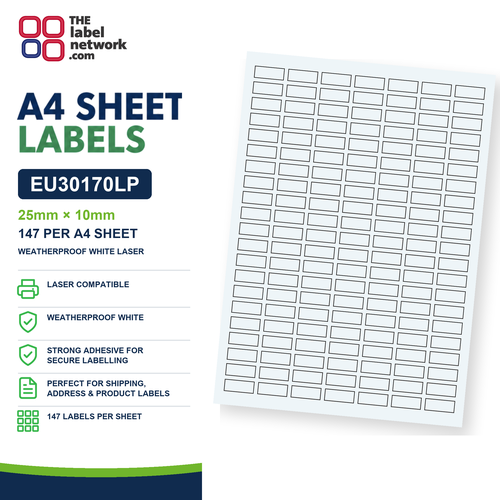 EU30170LP - 25mm x 10mm - 147 Labels per Sheet - Weatherproof White Laser