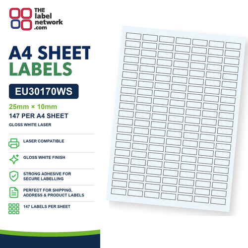 EU30170WS - 25mm x 10mm - 147 Labels per Sheet - Gloss White Laser