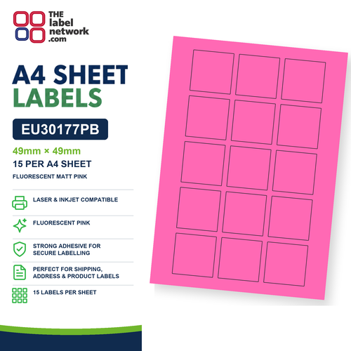 EU30177PB - 49mm x 49mm - 15 Labels per Sheet - Fluorescent Matt Pink