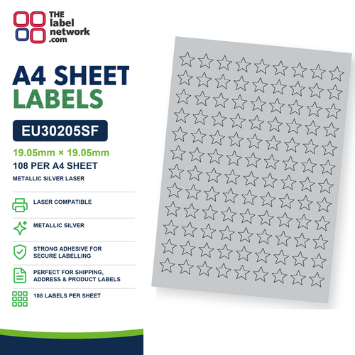 EU30205SF - 19.05mm x 19.05mm - 108 Labels per Sheet - Metallic Silver Laser