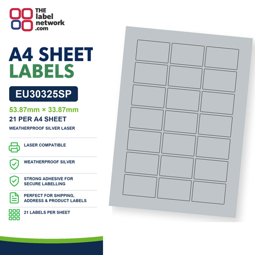 EU30325SP - 53.87mm x 33.87mm - 21 Labels per Sheet - Weatherproof Silver Laser