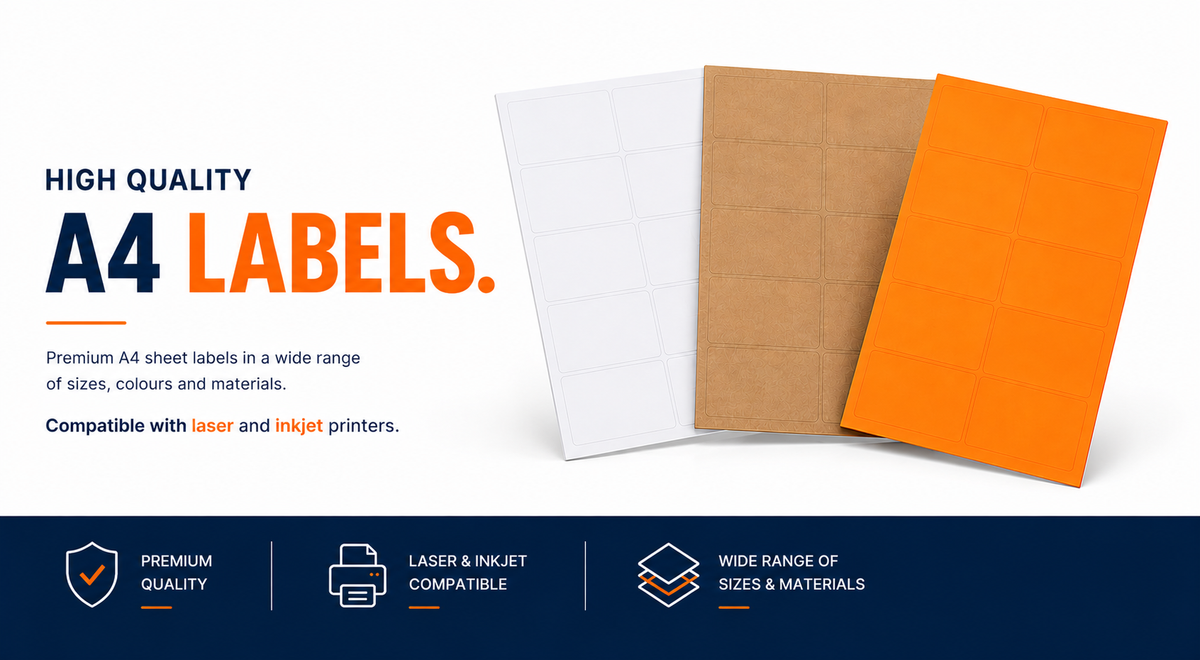 Promotional graphic for high-quality A4 labels showing three sample label sheets in white, kraft brown, and orange, with text highlighting premium quality, laser and inkjet compatibility, and a wide range of sizes and materials.