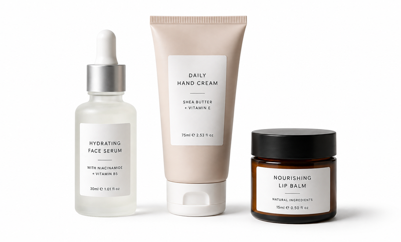 Three skincare products arranged side by side on a white background: a clear glass dropper bottle of Hydrating Face Serum, a beige tube of Daily Hand Cream, and an amber jar of Nourishing Lip Balm with black lids.