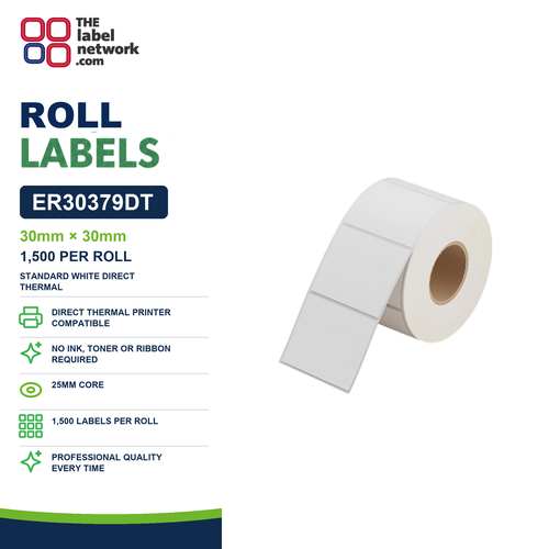 ER30379DT - 30mm x 30mm - 1,500 Labels per Roll - 25mm Core - Standard White Direct Thermal