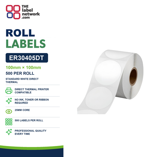 ER30405DT - 100mm Circle - 500 Labels per Roll - 25mm Core - Standard White Direct Thermal