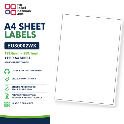 EU30002WX Standard Matt White A4 Labels - 199.6mm x 289.1mm (1 per sheet)