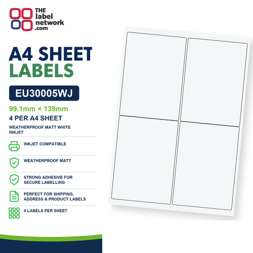 EU30005WJ - 99.1mm x 139mm - 4 Labels per Sheet - Weatherproof Matt White Inkjet