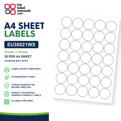 EU30021WX Standard Matt White A4 Labels 37mm Circle