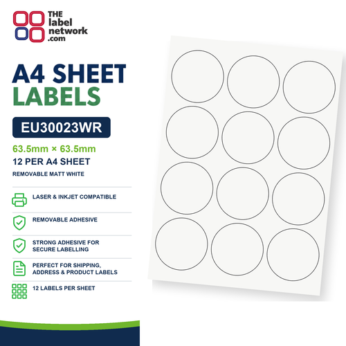 EU30023WR A4 Labels 63.5mm Circle