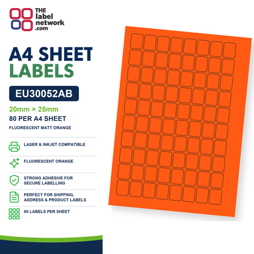 EU30052AB - 20mm x 25mm - 80 Labels per Sheet - Fluorescent Matt Orange