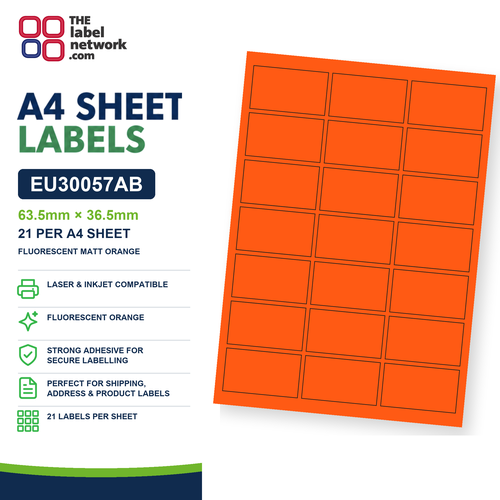 EU30057AB - 63.5mm x 36.5mm - 21 Labels per Sheet - Fluorescent Matt Orange