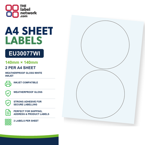 EU30077WI - 140mm Circle - 2 Labels per Sheet - Weatherproof Gloss White Inkjet