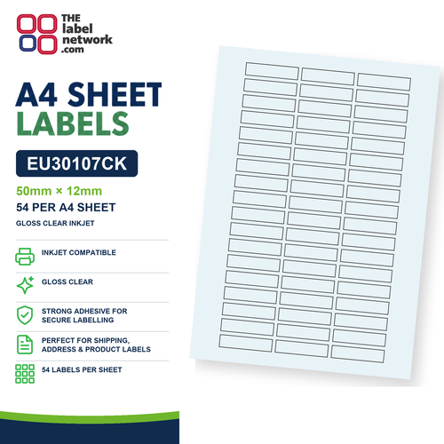 EU30107CK - 50mm x 12mm - 54 Labels per Sheet - Gloss Clear Inkjet