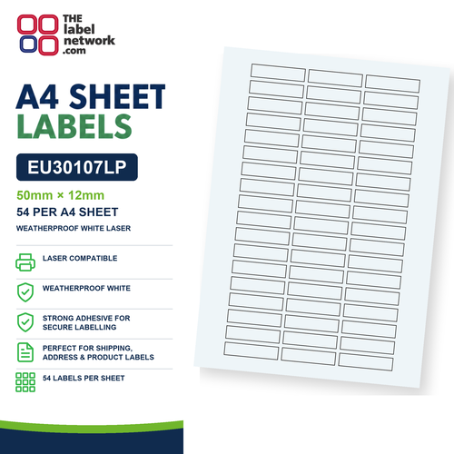 EU30107LP - 50mm x 12mm - 54 Labels per Sheet - Weatherproof White Laser