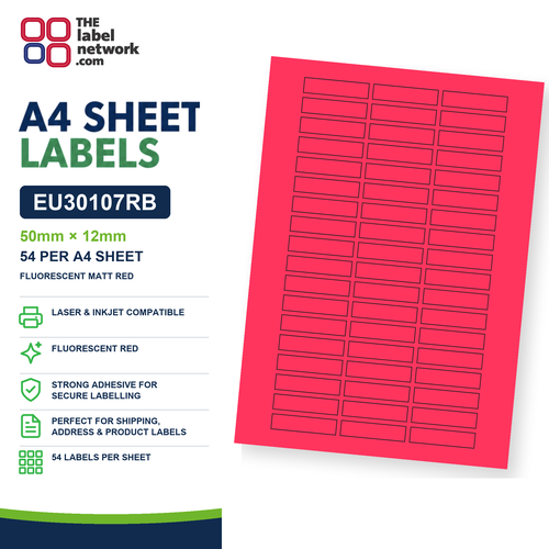 EU30107RB - 50mm x 12mm - 54 Labels per Sheet - Fluorescent Matt Red