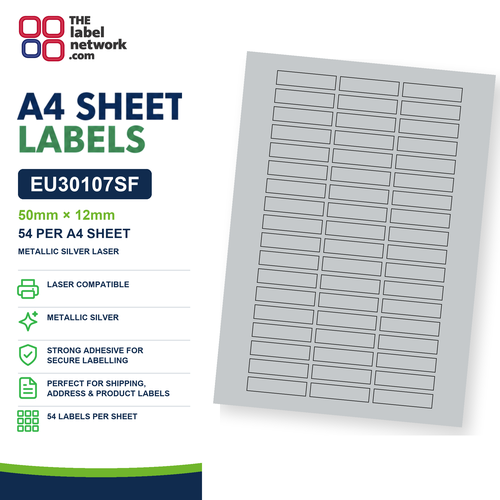 EU30107SF - 50mm x 12mm - 54 Labels per Sheet - Metallic Silver Laser