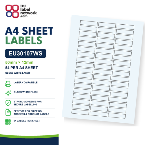 EU30107WS - 50mm x 12mm - 54 Labels per Sheet - Gloss White Laser