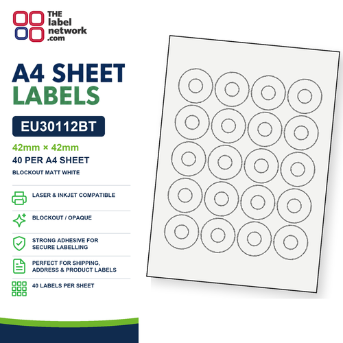 EU30112BT - 42mm x 42mm - 40 Labels per Sheet - Blockout Matt White