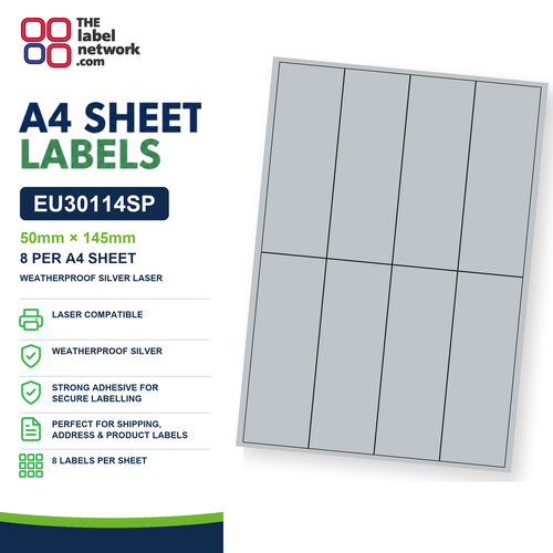 EU30114SP - 50mm x 145mm - 8 Labels per Sheet - Weatherproof Silver Laser