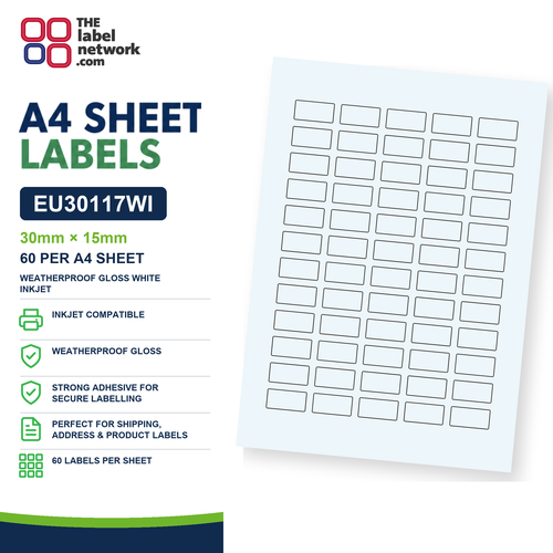 EU30117WI - 30mm x 15mm - 60 Labels per Sheet - Weatherproof Gloss White Inkjet