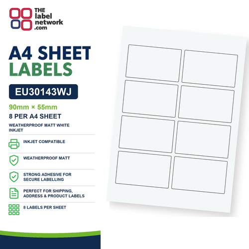 EU30143WJ - 90mm x 55mm - 8 Labels per Sheet - Weatherproof Matt White Inkjet