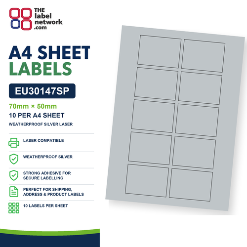 EU30147SP - 70mm x 50mm - 10 Labels per Sheet - Weatherproof Silver Laser