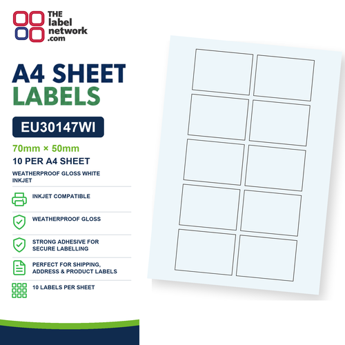 EU30147WI - 70mm x 50mm - 10 Labels per Sheet - Weatherproof Gloss White Inkjet