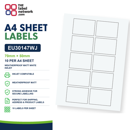 EU30147WJ - 70mm x 50mm - 10 Labels per Sheet - Weatherproof Matt White Inkjet