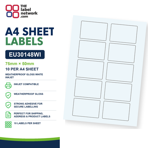 EU30148WI - 75mm x 50mm - 10 Labels per Sheet - Weatherproof Gloss White Inkjet