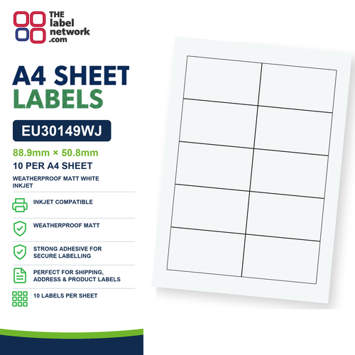 EU30149WJ - 88.9mm x 50.8mm - 10 Labels per Sheet - Weatherproof Matt White Inkjet