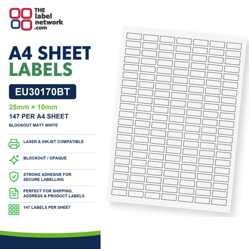 EU30170BT - 25mm x 10mm - 147 Labels per Sheet - Blockout Matt White