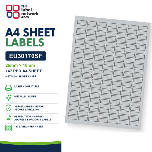 EU30170SF - 25mm x 10mm - 147 Labels per Sheet - Metallic Silver Laser
