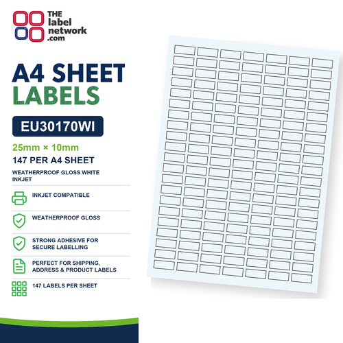 EU30170WI - 25mm x 10mm - 147 Labels per Sheet - Weatherproof Gloss White Inkjet