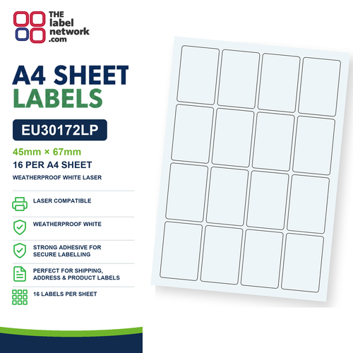 EU30172LP - 45mm x 67mm - 16 Labels per Sheet - Weatherproof White Laser