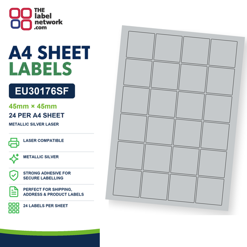 EU30176SF - 45mm x 45mm - 24 Labels per Sheet - Metallic Silver Laser