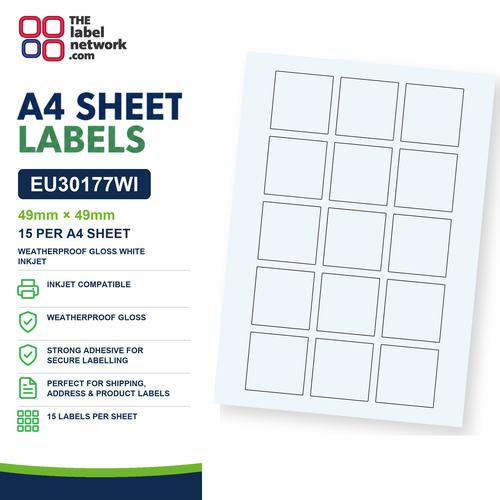 EU30177WI - 49mm x 49mm - 15 Labels per Sheet - Weatherproof Gloss White Inkjet